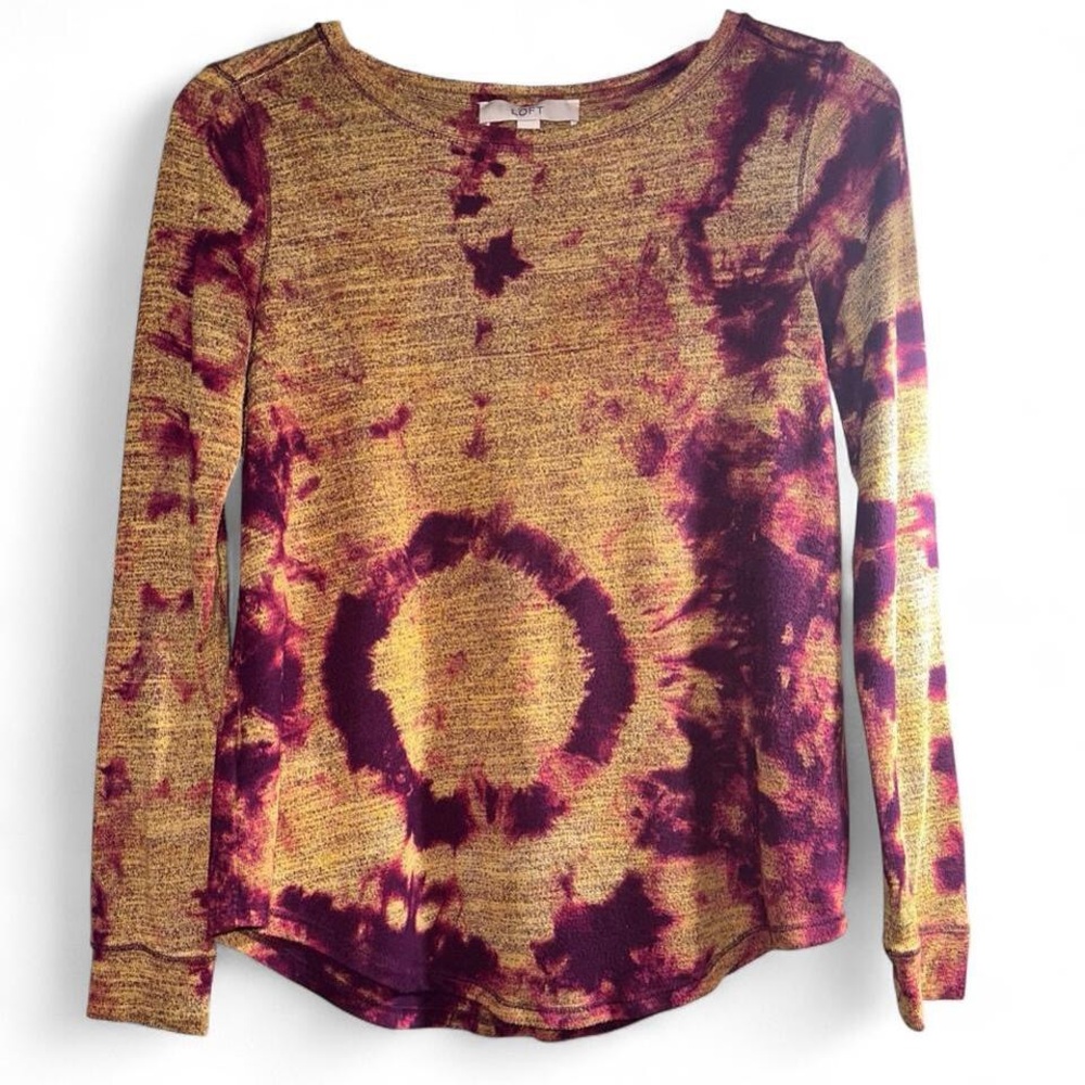 LOFT Tie Dye Shirt Long Sleeve Top Gold Yellow Mustard Magenta Burgundy XS